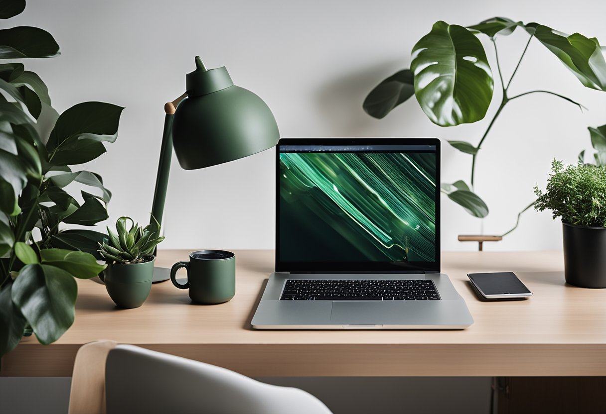 A sleek desk with modern tech essentials, organized in a minimalist aesthetic. Clean lines, neutral colors, and a touch of greenery create a stylish workspace