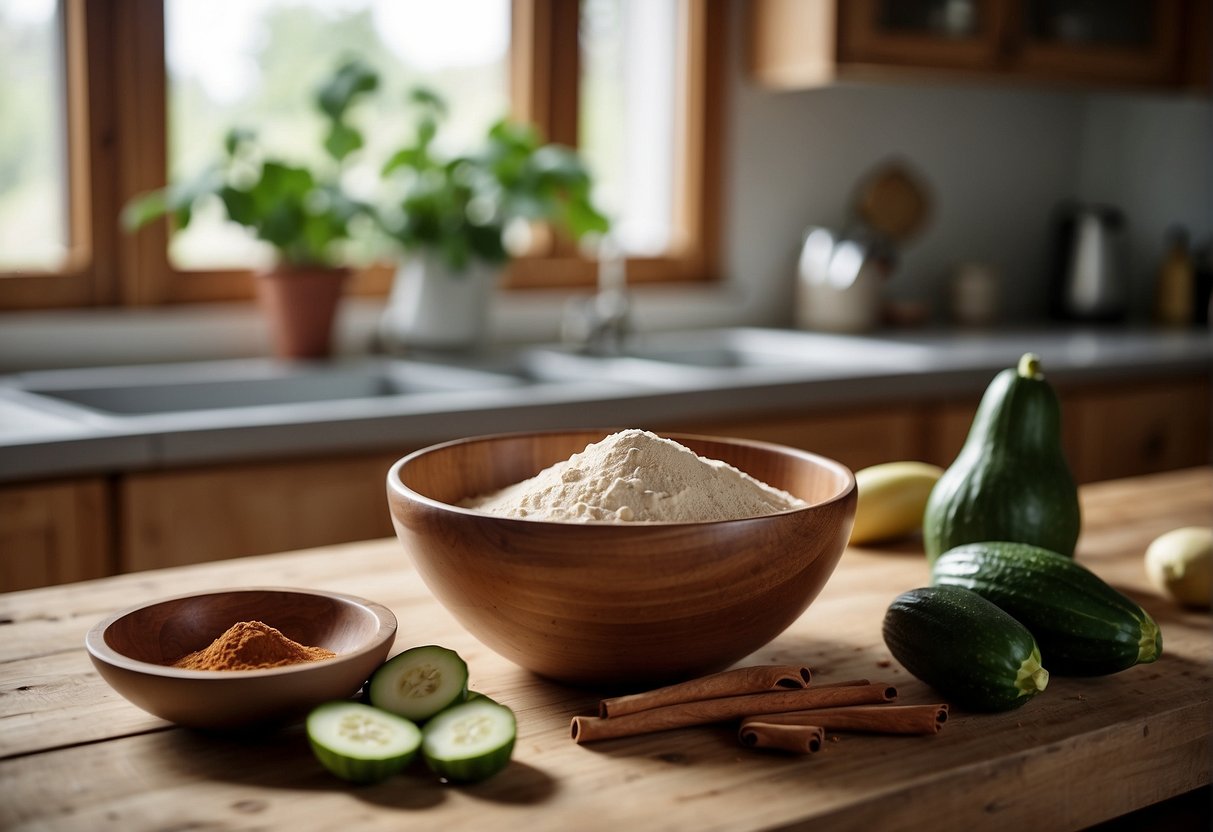A wooden farmhouse kitchen with a vintage mixing bowl, fresh zucchinis, flour, and cinnamon on a worn countertop