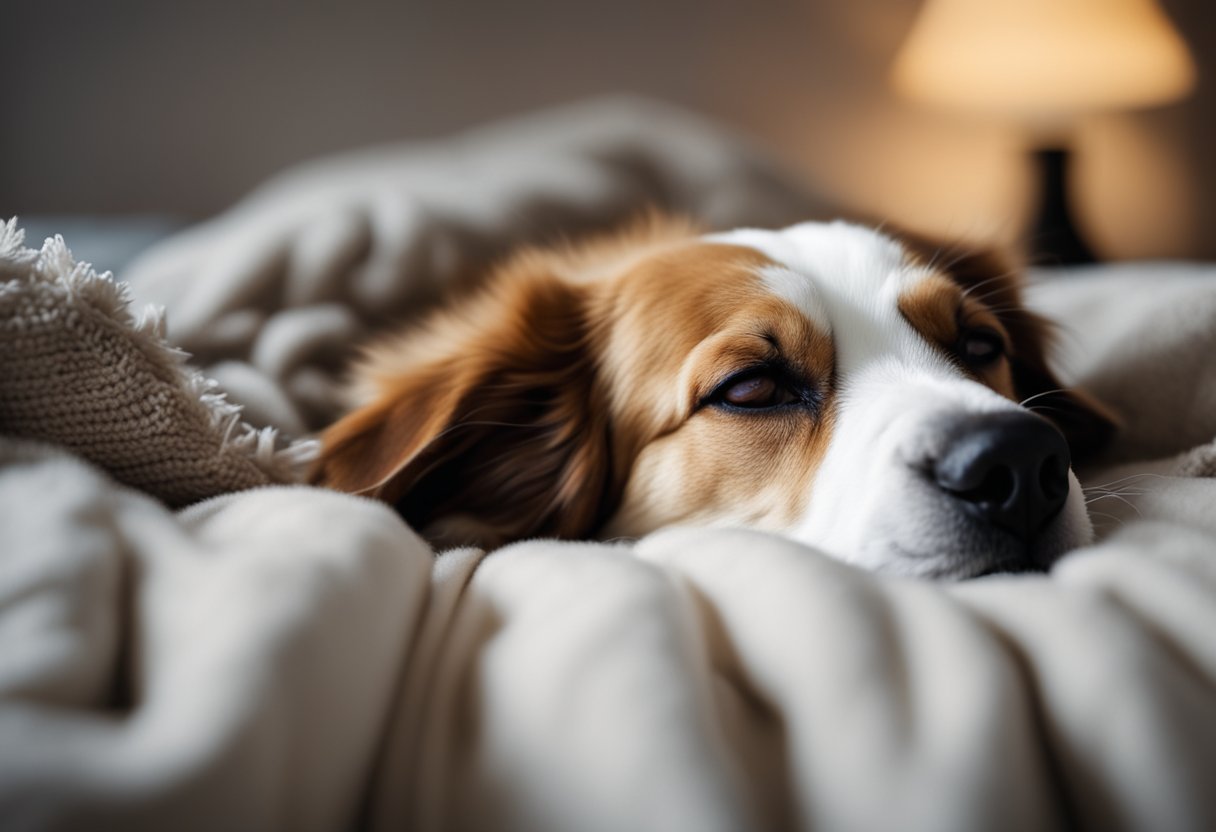 A dog peacefully sleeping in a cozy bed, surrounded by soft blankets and pillows, with a gentle snoring sound filling the room
