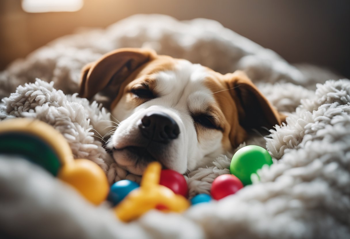 A dog peacefully sleeping in a cozy bed, surrounded by toys and a water bowl, with a content expression on its face