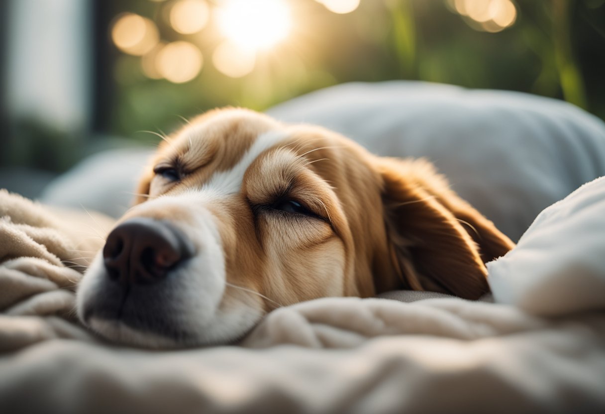 A dog sleeping peacefully in a cozy bed, surrounded by a tranquil environment with soft lighting and nature sounds