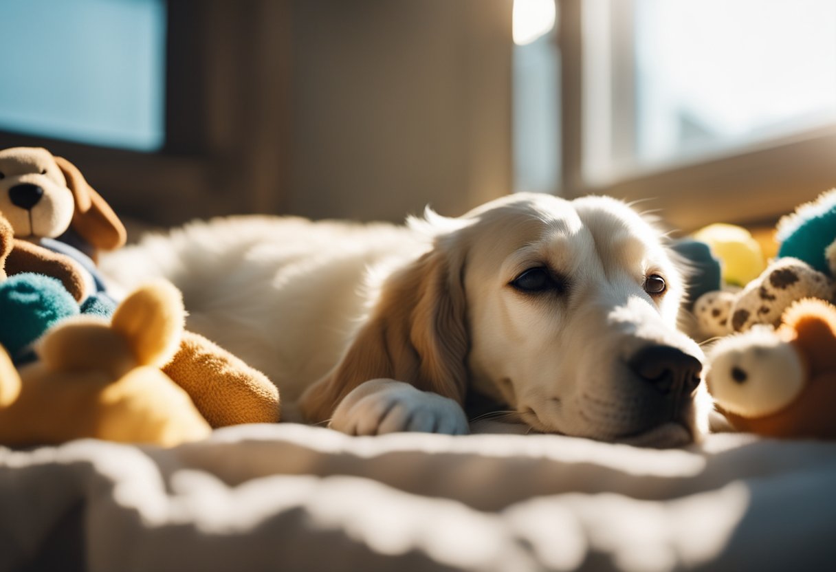 A dog peacefully sleeping in a cozy bed, surrounded by toys and blankets, as the sun gently shines through the window
