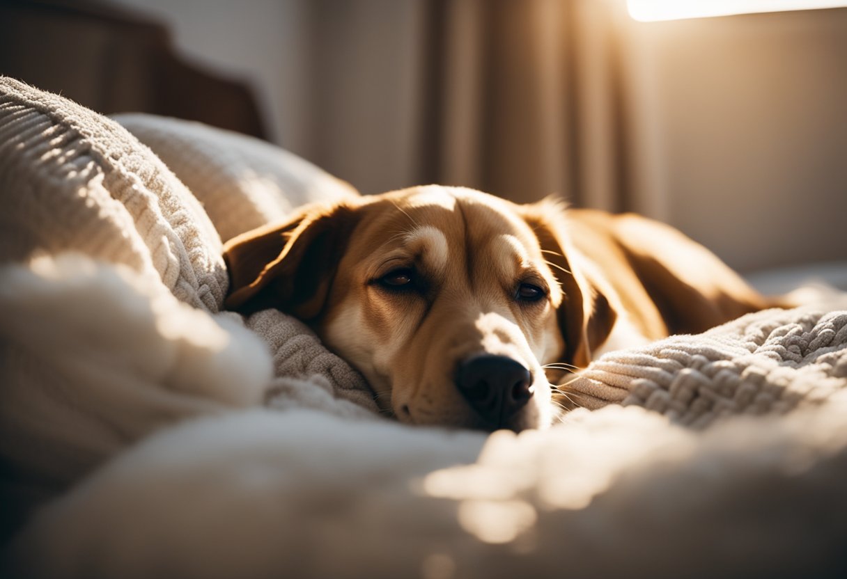 A dog peacefully sleeping on a cozy bed, surrounded by soft pillows and a warm blanket. Sunlight streams in through the window, casting a gentle glow on the sleeping pup