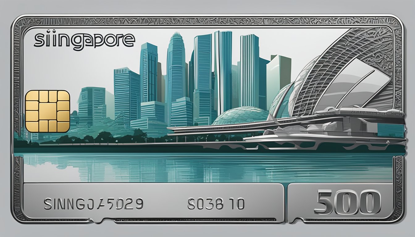 A sleek metal credit card with "Singapore" engraved on it, against a backdrop of iconic Singaporean landmarks like the Marina Bay Sands or the Merlion statue