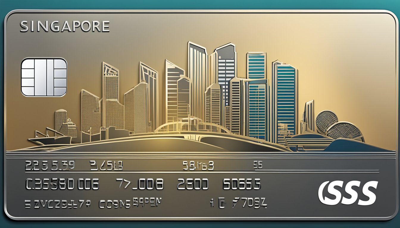 A sleek metal credit card with the Singapore skyline in the background