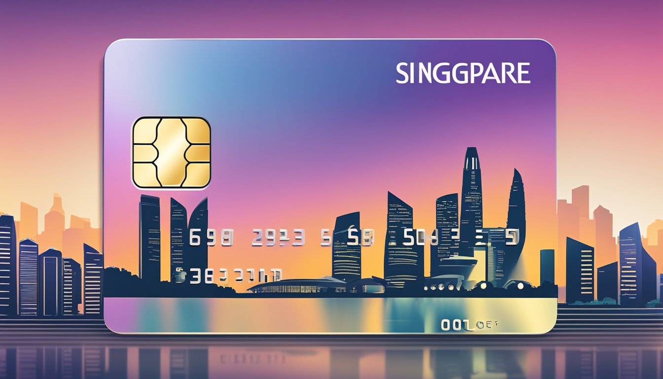 A sleek metal credit card sits on a luxurious background, with the iconic Singapore skyline subtly reflected in its shiny surface