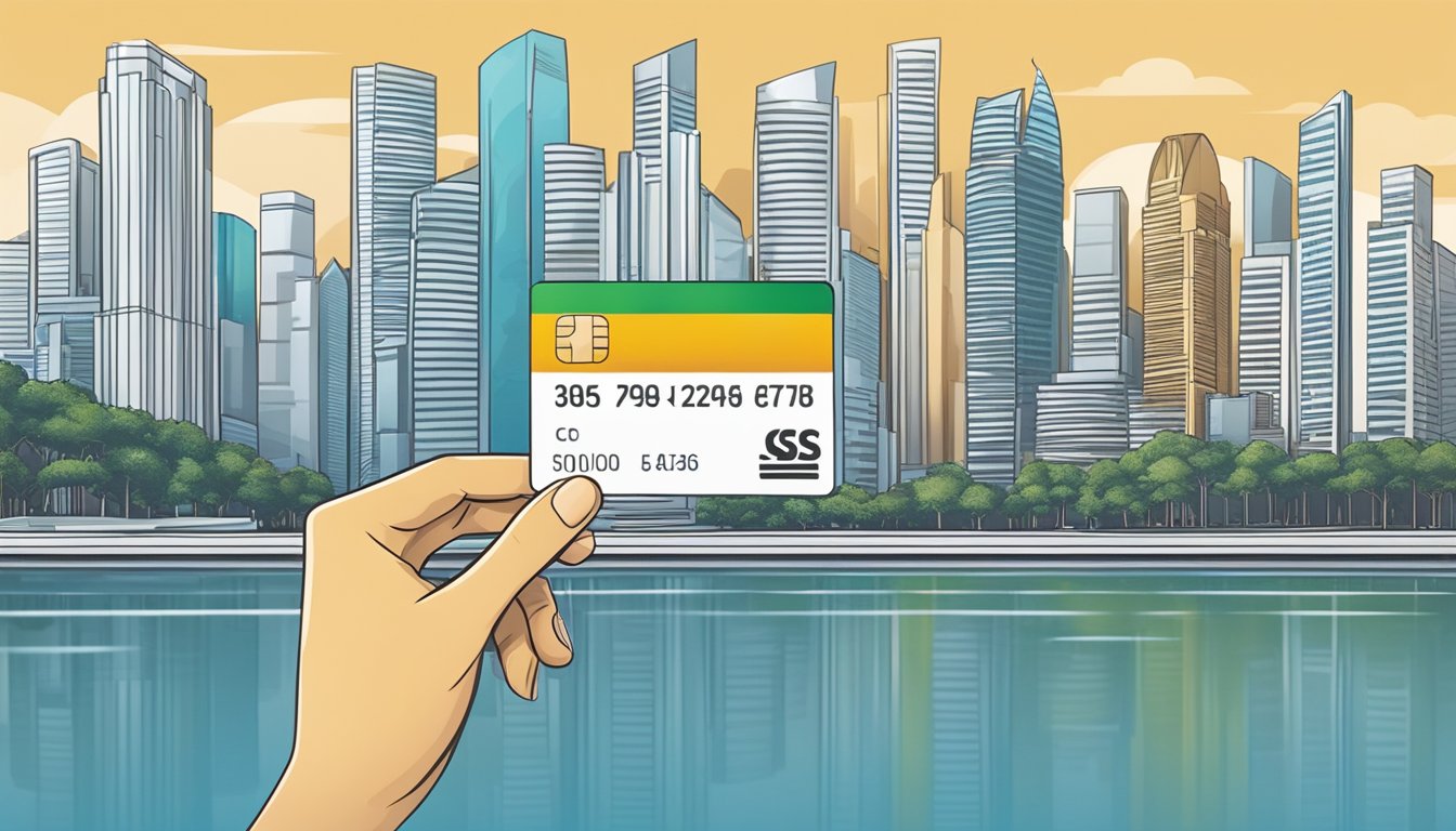 A luxurious metal credit card is being handed over with the backdrop of a sleek and modern Singapore skyline