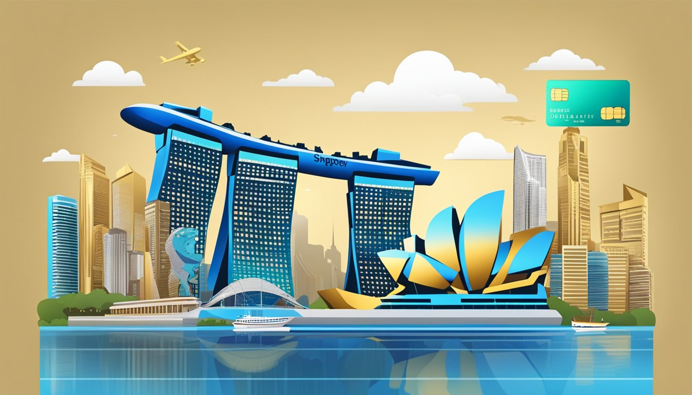 A metallic credit card with Singaporean landmarks in the background