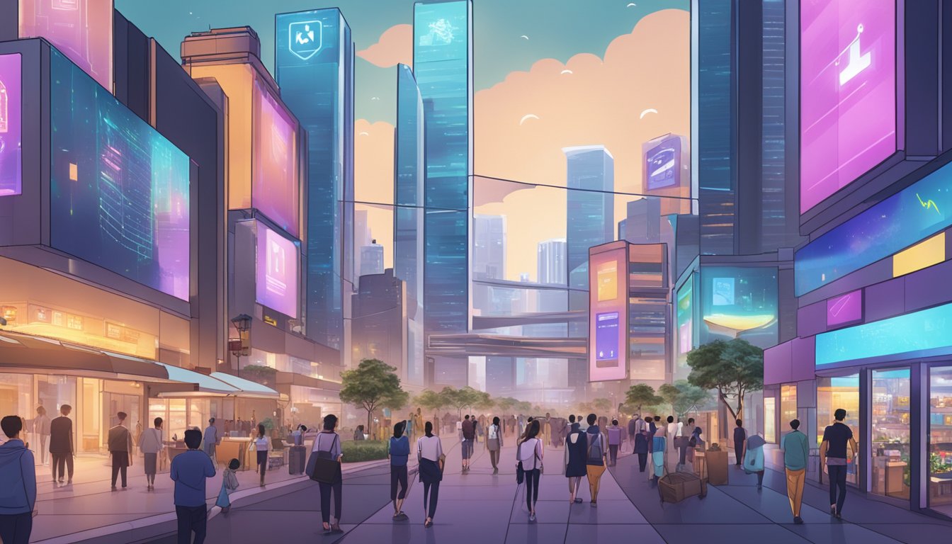 A bustling Singapore cityscape with digital art displays and blockchain symbols, showcasing the rise of NFTs in the urban landscape