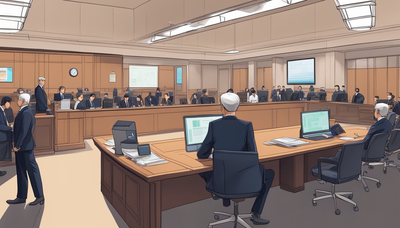 A courtroom with judges, lawyers, and security personnel in Singapore. Documents and digital devices are visible, representing legal and security aspects of NFTs
