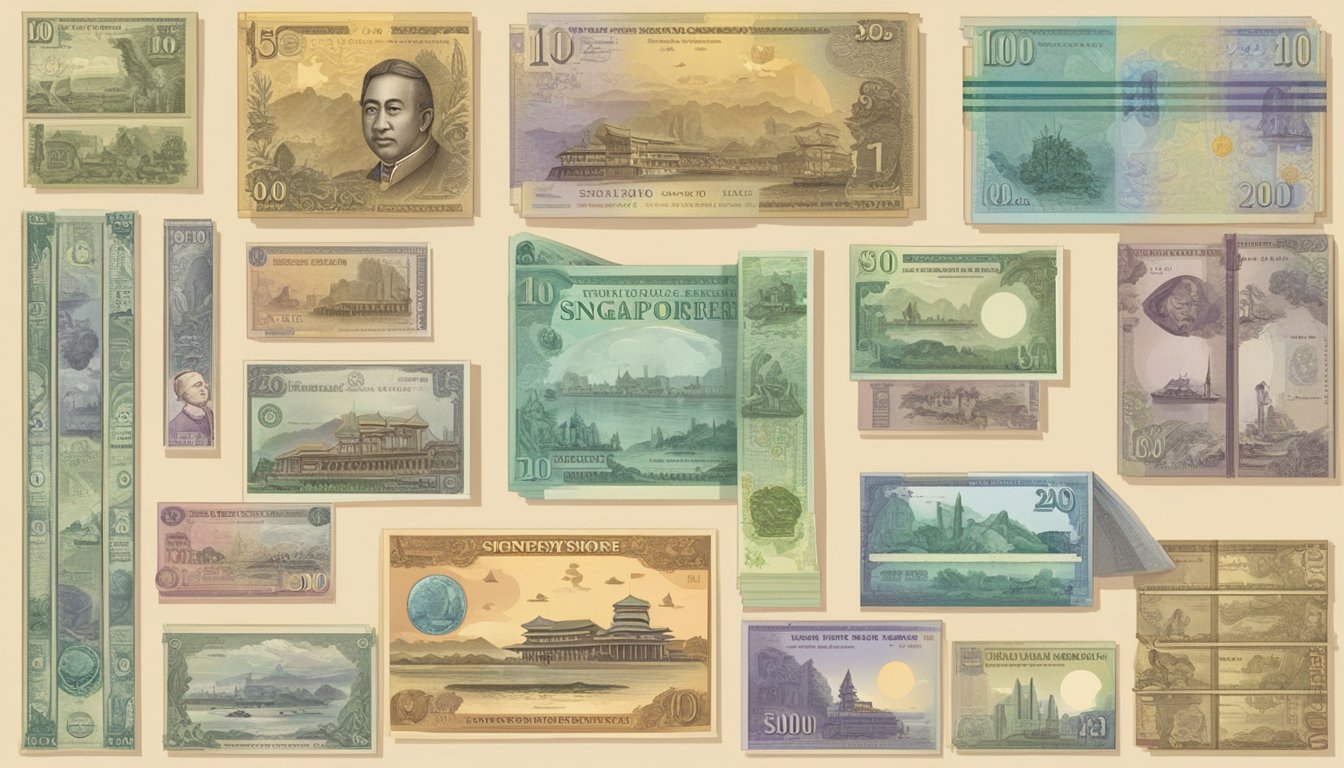 A timeline of Singapore notes from early to modern designs, showcasing the evolution of currency
