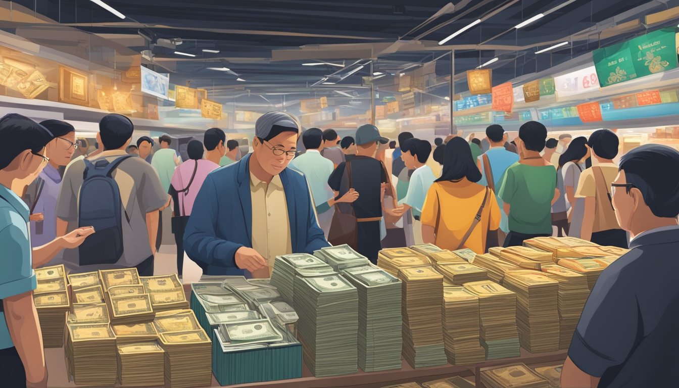 A bustling market with various Singapore notes on display, collectors browsing and admiring the rare and valuable currency