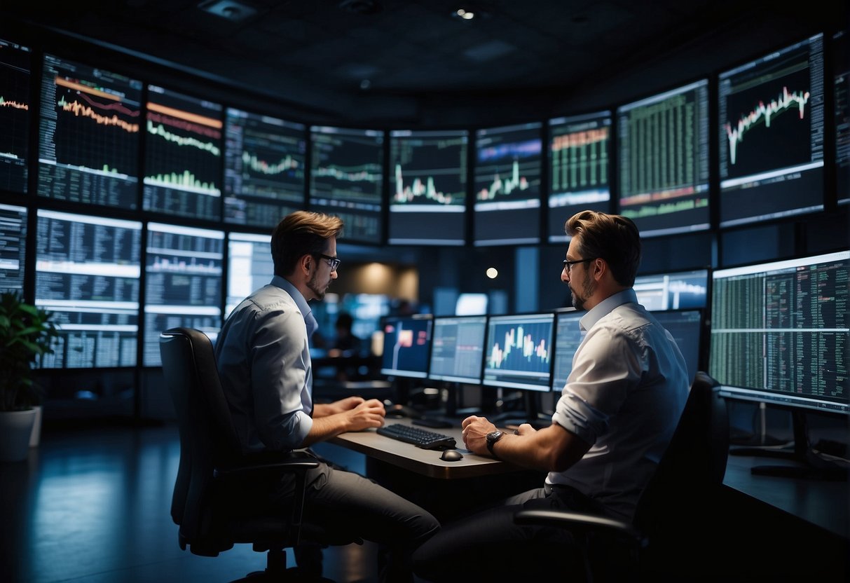 Investors check their screens for real-time stock updates and news on online platforms. Graphs and charts display market trends and developments