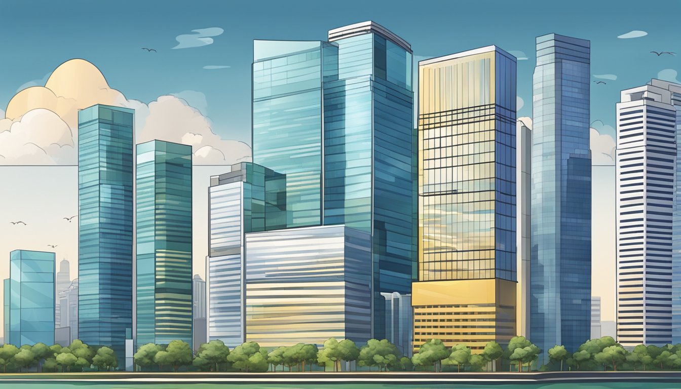 A modern office building in Singapore's financial district with the iconic skyline in the background