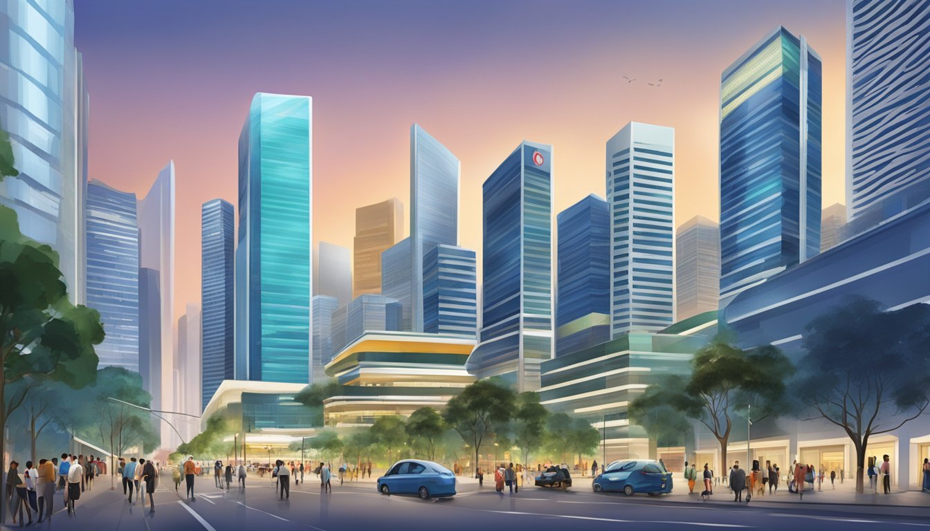 A bustling financial district in Singapore, with modern skyscrapers and banks lining the streets, showcasing the thriving private banking industry
