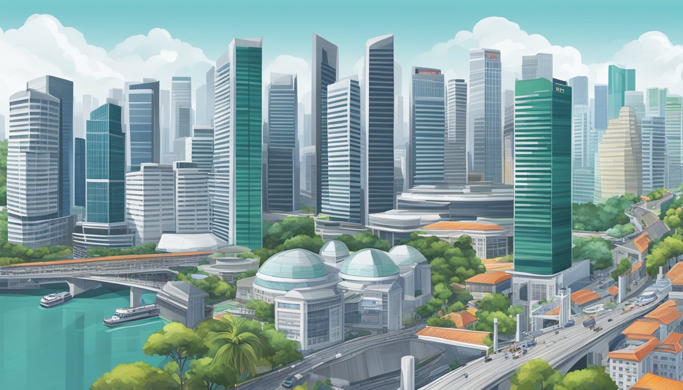 A bustling Singapore cityscape with a backdrop of financial institutions and regulatory bodies overseeing the private banking industry