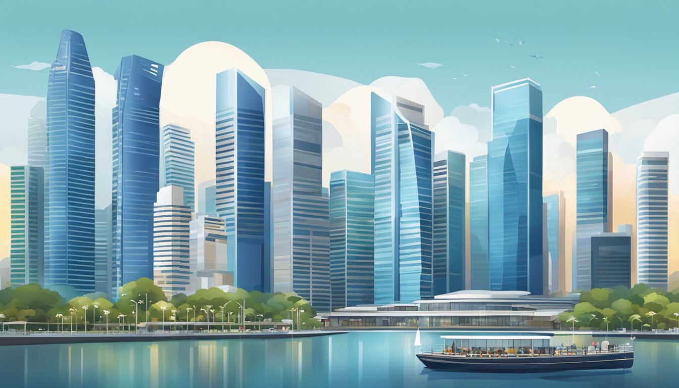A bustling Singapore skyline with financial district and private banking buildings, showcasing innovative investment strategies