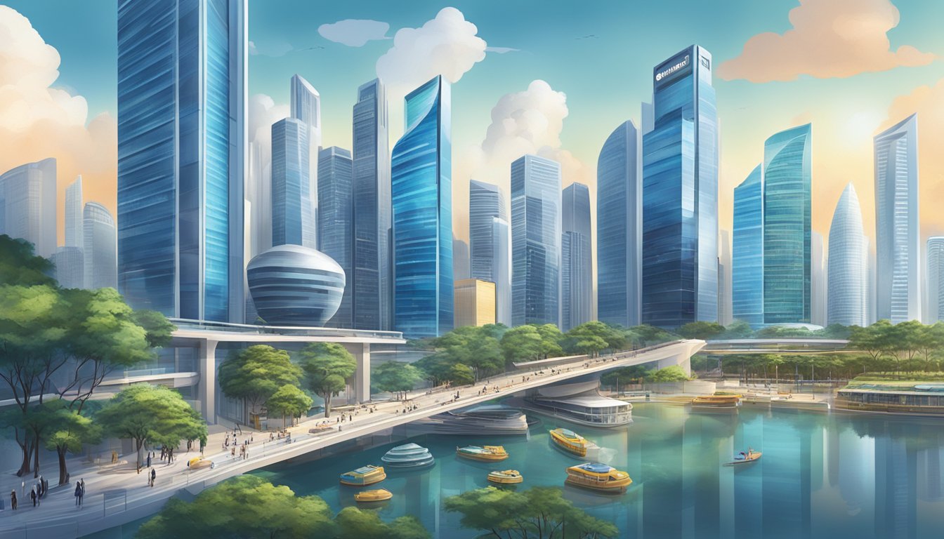 A bustling cityscape with futuristic skyscrapers and financial institutions, showcasing the growth and potential of Singapore's private banking industry