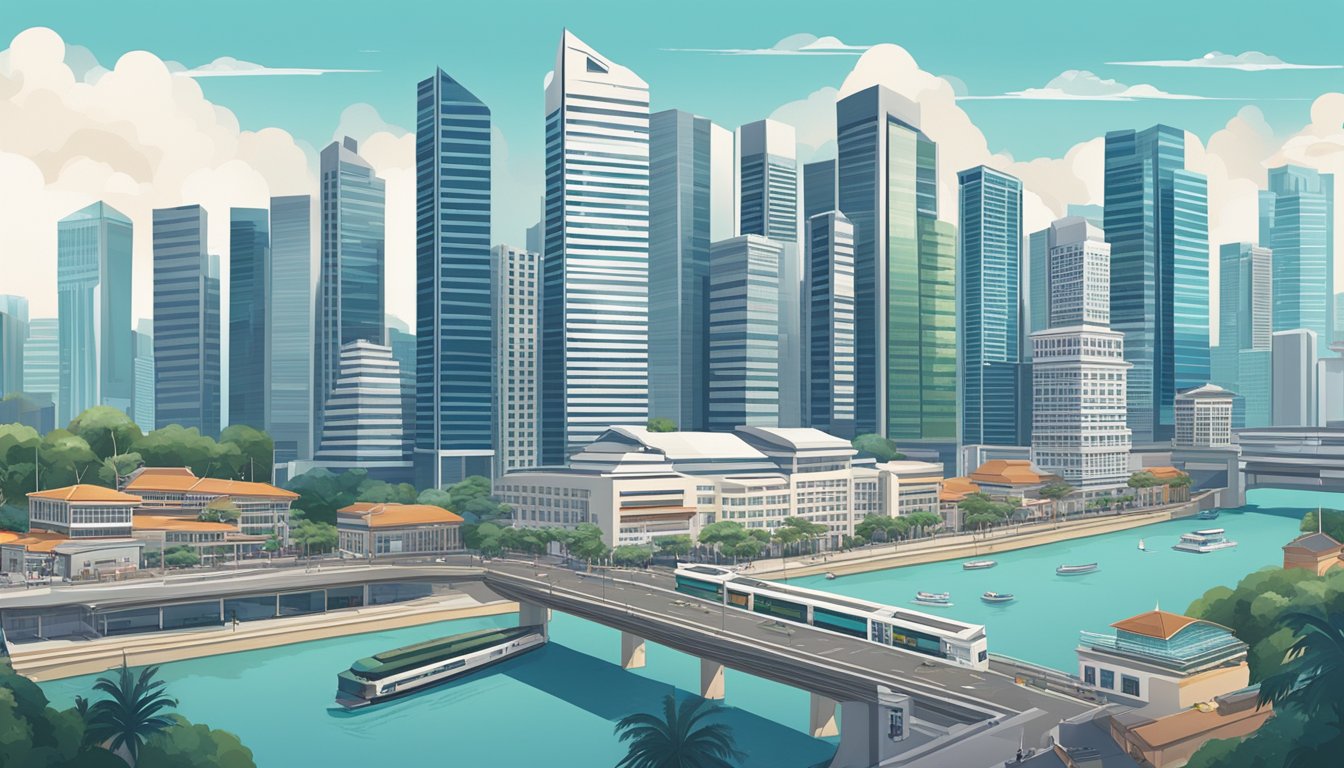 A bustling Singapore cityscape with modern skyscrapers and financial institutions, symbolizing the thriving private banking industry