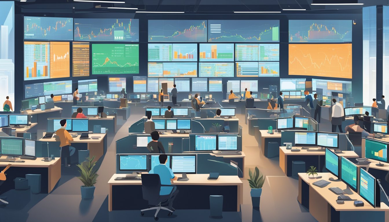 A bustling trading floor with various account types and investment products displayed on digital screens, while brokers compare and analyze Singapore stock options