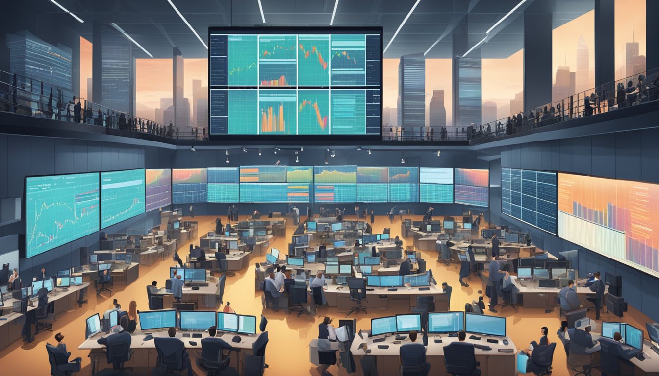 A busy trading floor with digital screens displaying stock data, traders analyzing charts, and a bustling atmosphere of excitement and focus