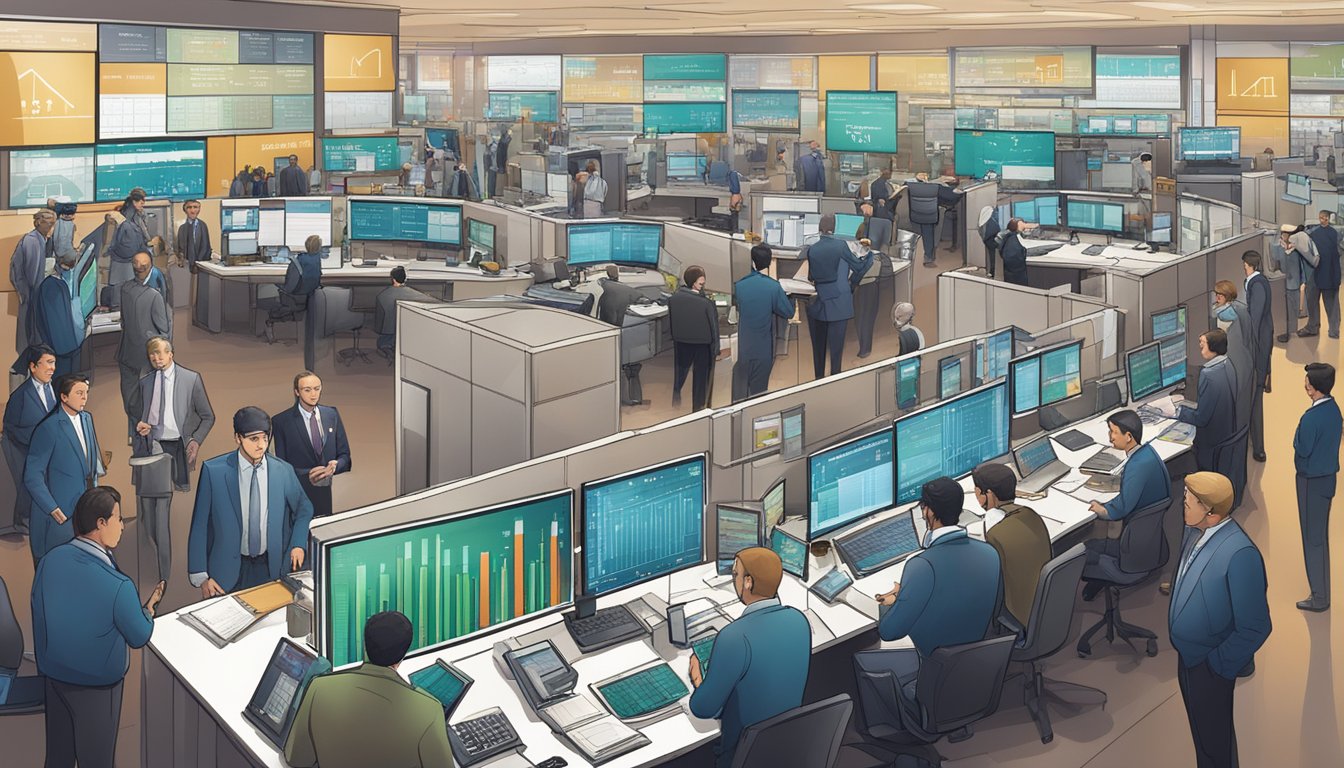 A bustling stock exchange floor with traders analyzing data and strategizing, while promotional materials and resources are prominently displayed