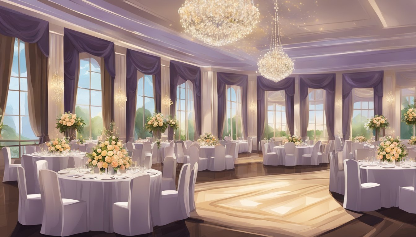 A lavish wedding banquet venue with elegant decor, floral centerpieces, and a grand buffet spread. Guests in formal attire mingle and enjoy the luxurious ambiance