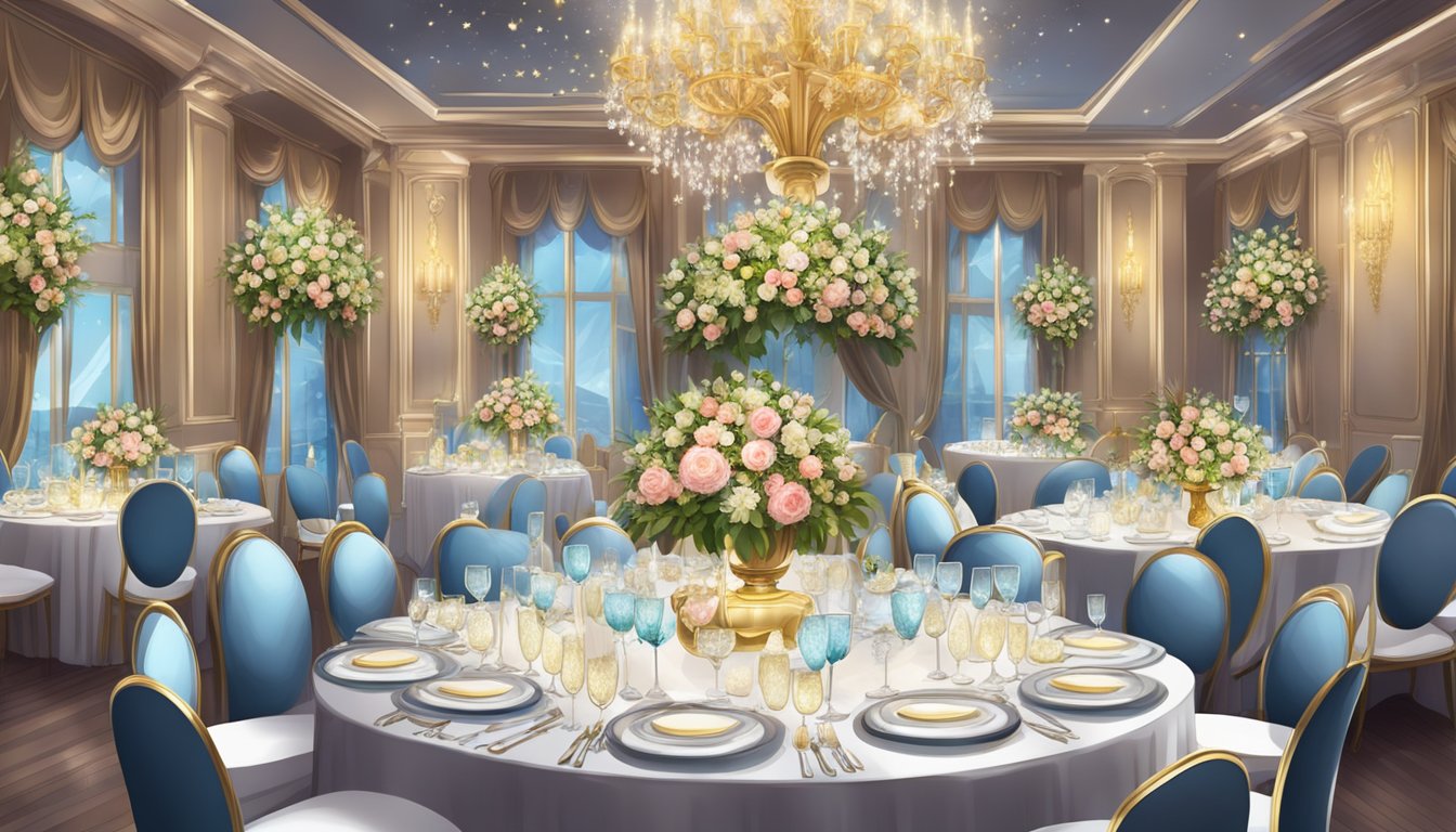 A lavish wedding banquet with opulent decorations and a grand floral centerpiece, surrounded by elegant place settings and sparkling glassware