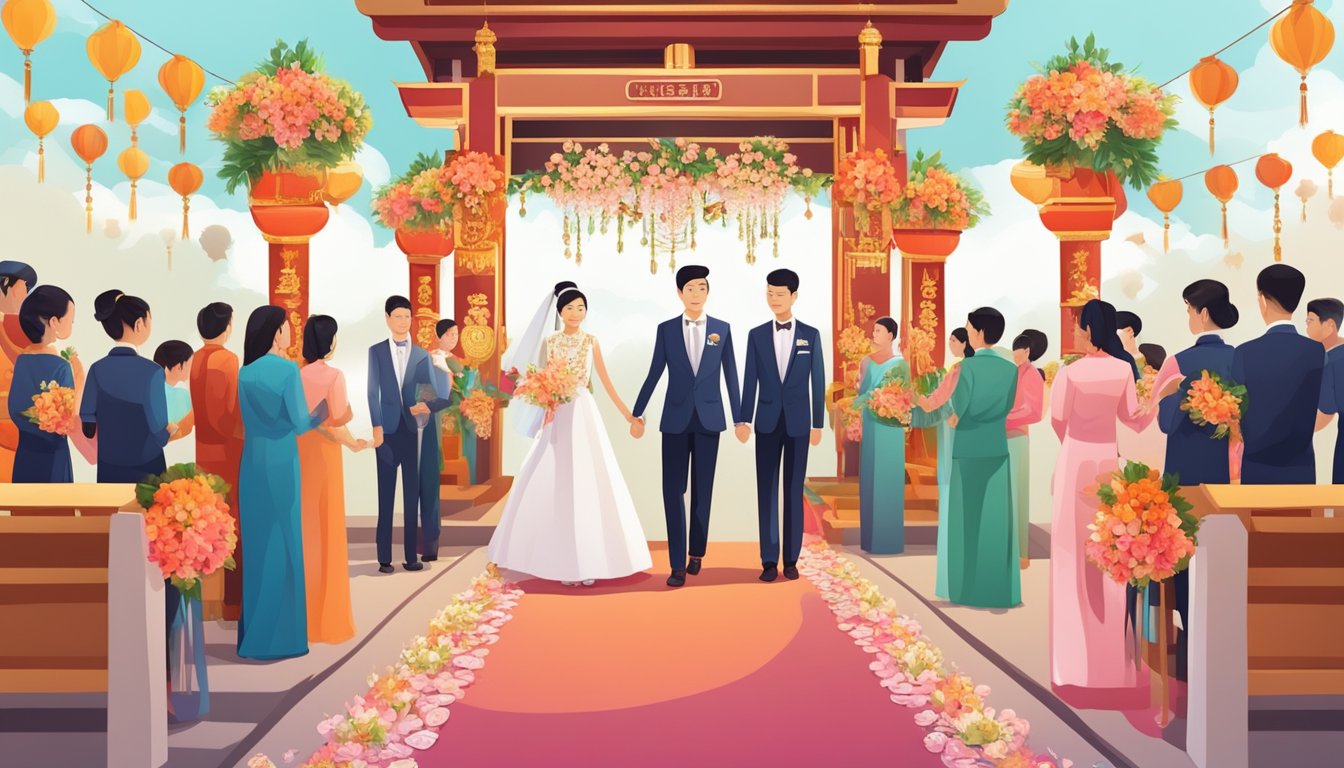 A traditional Singaporean wedding with vibrant colors, intricate decorations, and symbolic rituals