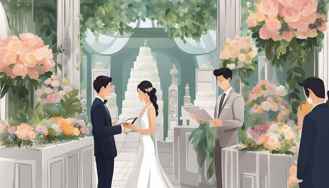 A couple browsing through a wedding price list in Singapore, surrounded by floral decorations and elegant wedding decor