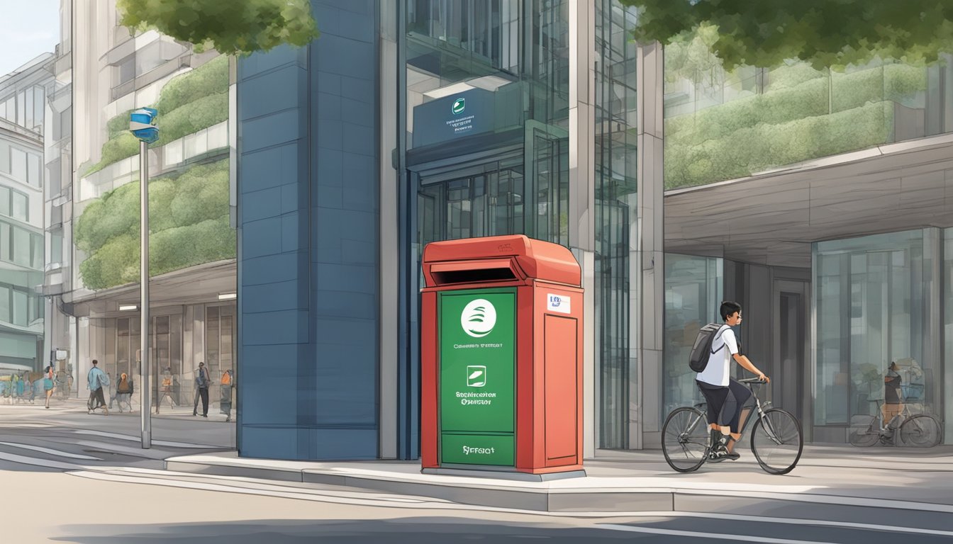 A red post box with the Singpost logo stands outside a Standard Chartered bank in Singapore