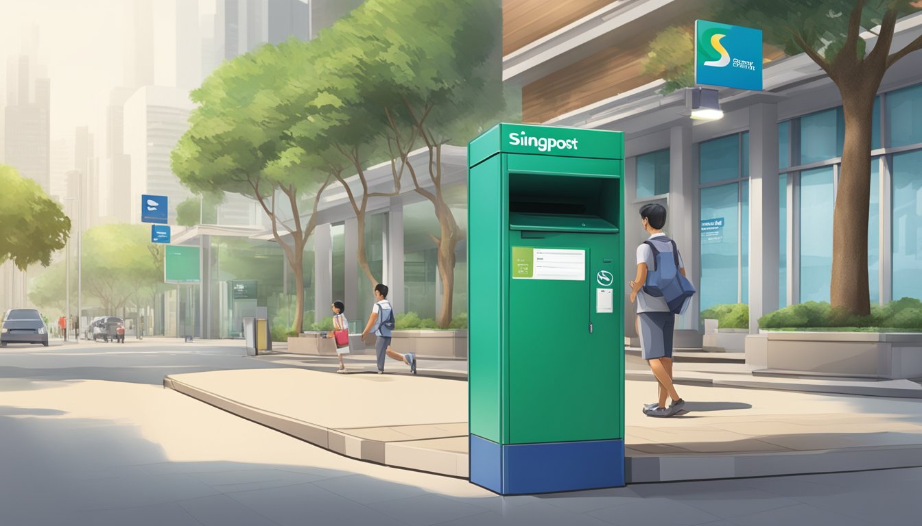 A SingPost mailbox stands next to a Standard Chartered bank branch, with a SingPost card being deposited into the mailbox
