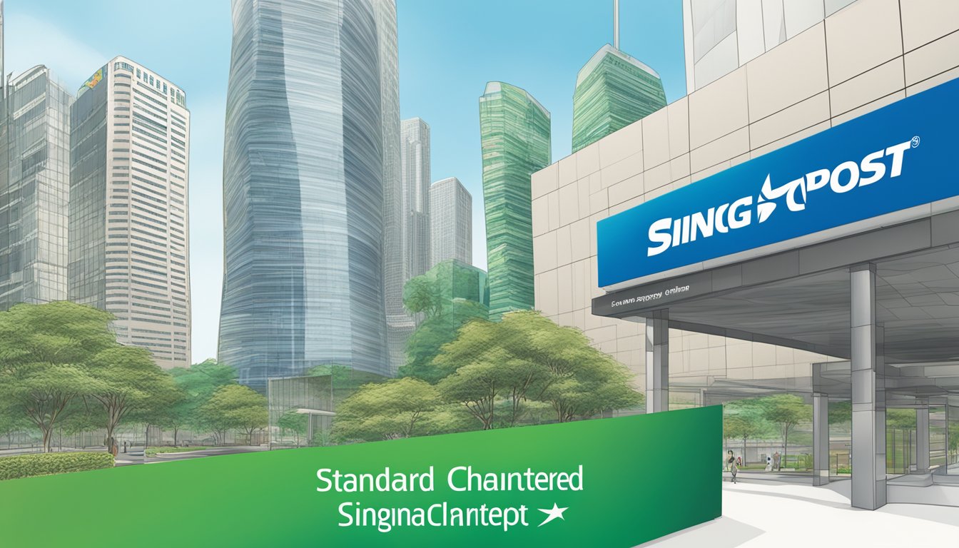 A SingPost card and Standard Chartered Singapore logo with financial terms in the background