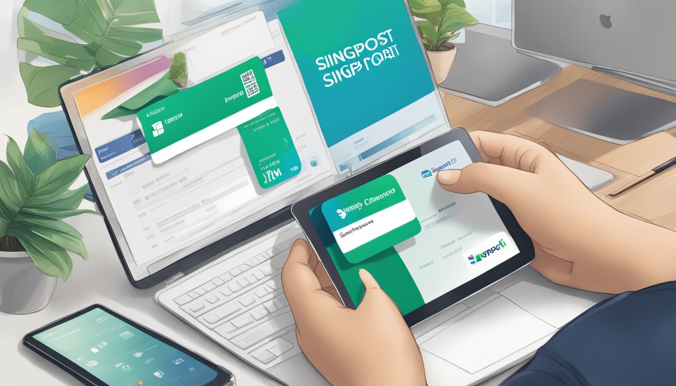 A person's hand holding a SingPost card while browsing online with a Standard Chartered Singapore account. Various items are displayed on the screen for purchase