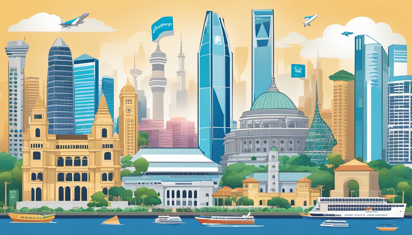 A postcard with SingPost and Standard Chartered logos, surrounded by various partnership logos, against a backdrop of iconic Singapore landmarks