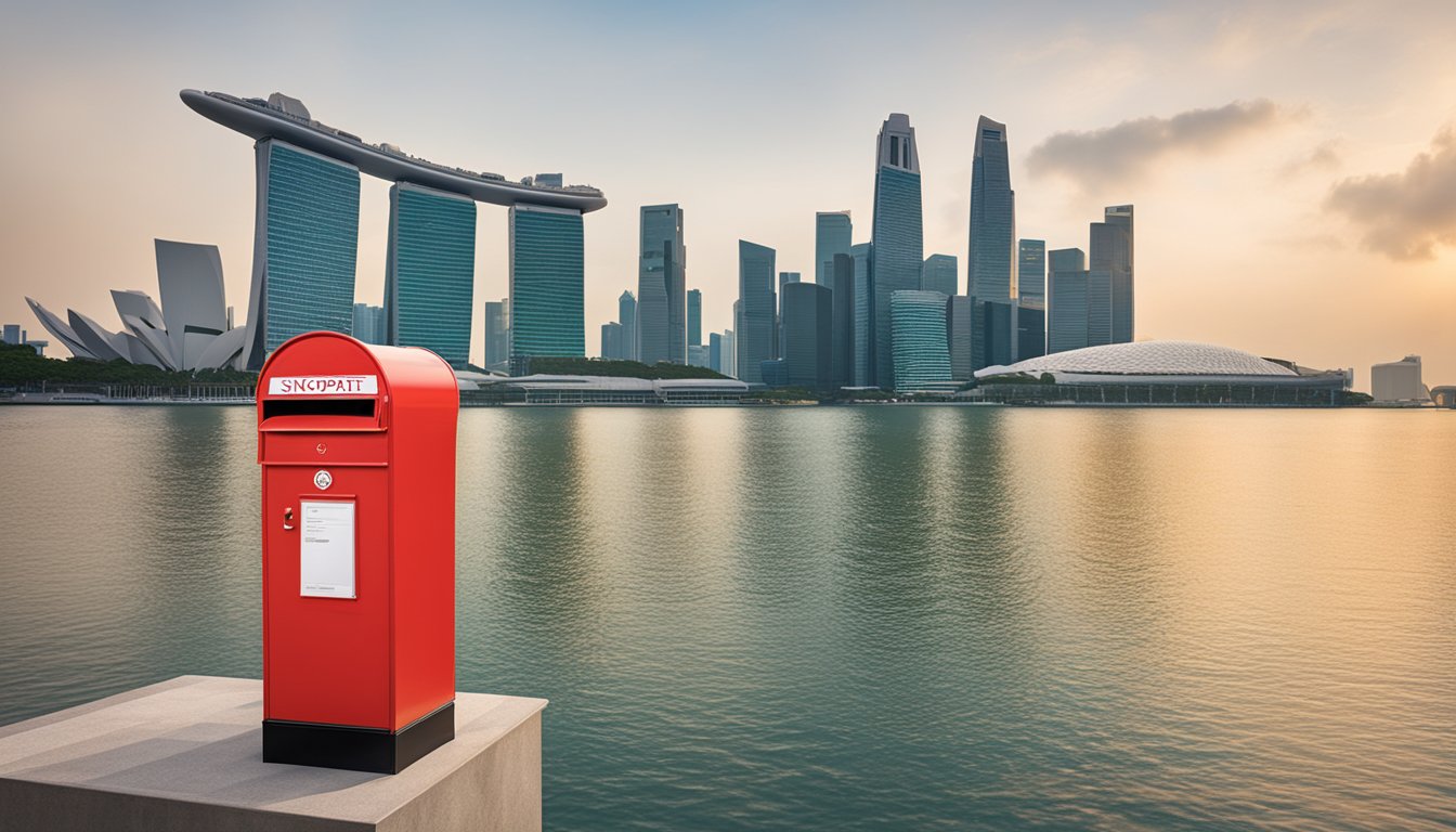 A bright red SingPost mailbox stands against a backdrop of the iconic Singapore skyline, with the Standard Chartered logo displayed prominently