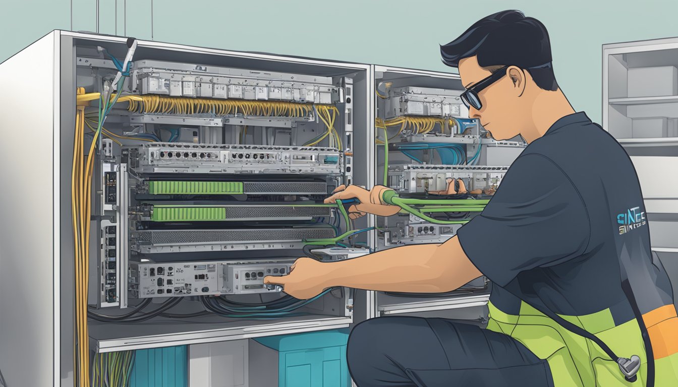 A technician relocates Singtel's Fibre Broadband equipment with precision and care, ensuring seamless connectivity