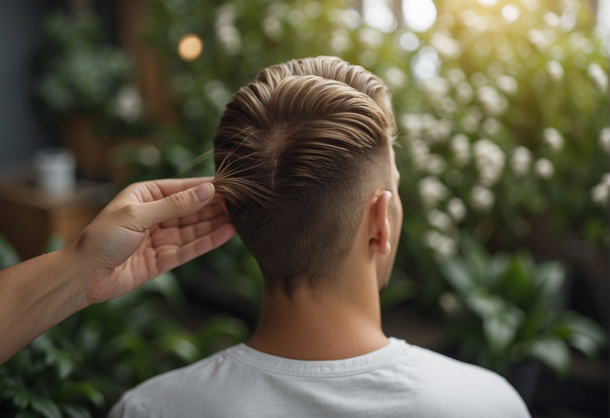 A hair growth scene: Factors like genetics, diet, and stress affect the speed of hair growth. Show a healthy scalp, balanced diet, and relaxed environment