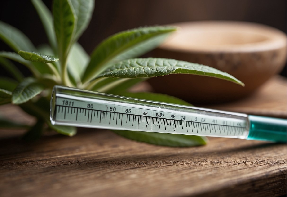 A bottle of hair growth serum sits next to a ruler, measuring the length of hair growth per month. A plant grows rapidly in the background