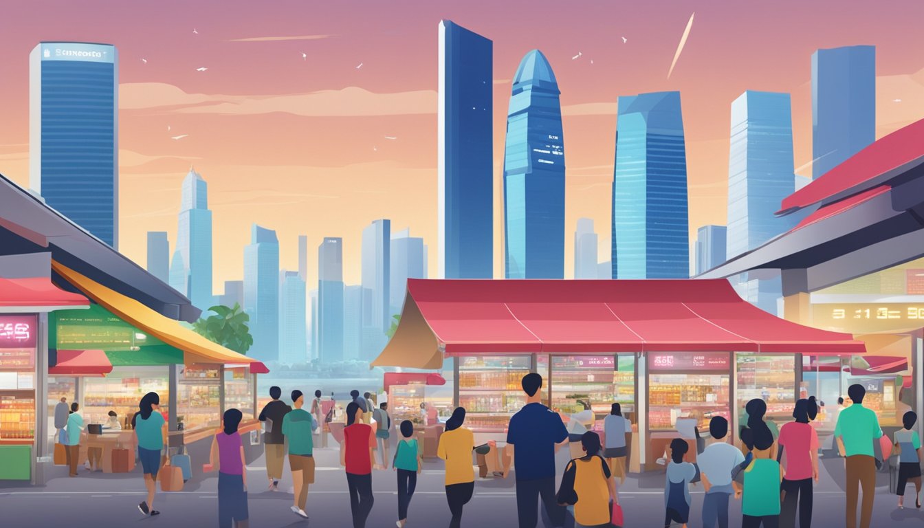 A bustling market with a large display board showing real-time Singtel share price and dividend information, set against the backdrop of the Singapore skyline