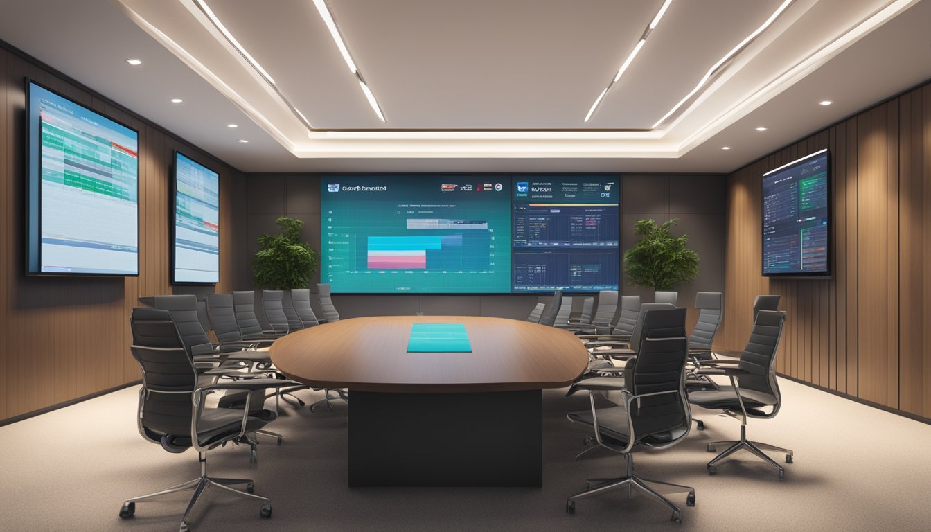 A corporate boardroom with a large screen displaying the Singtel share price and dividend announcement for Singapore