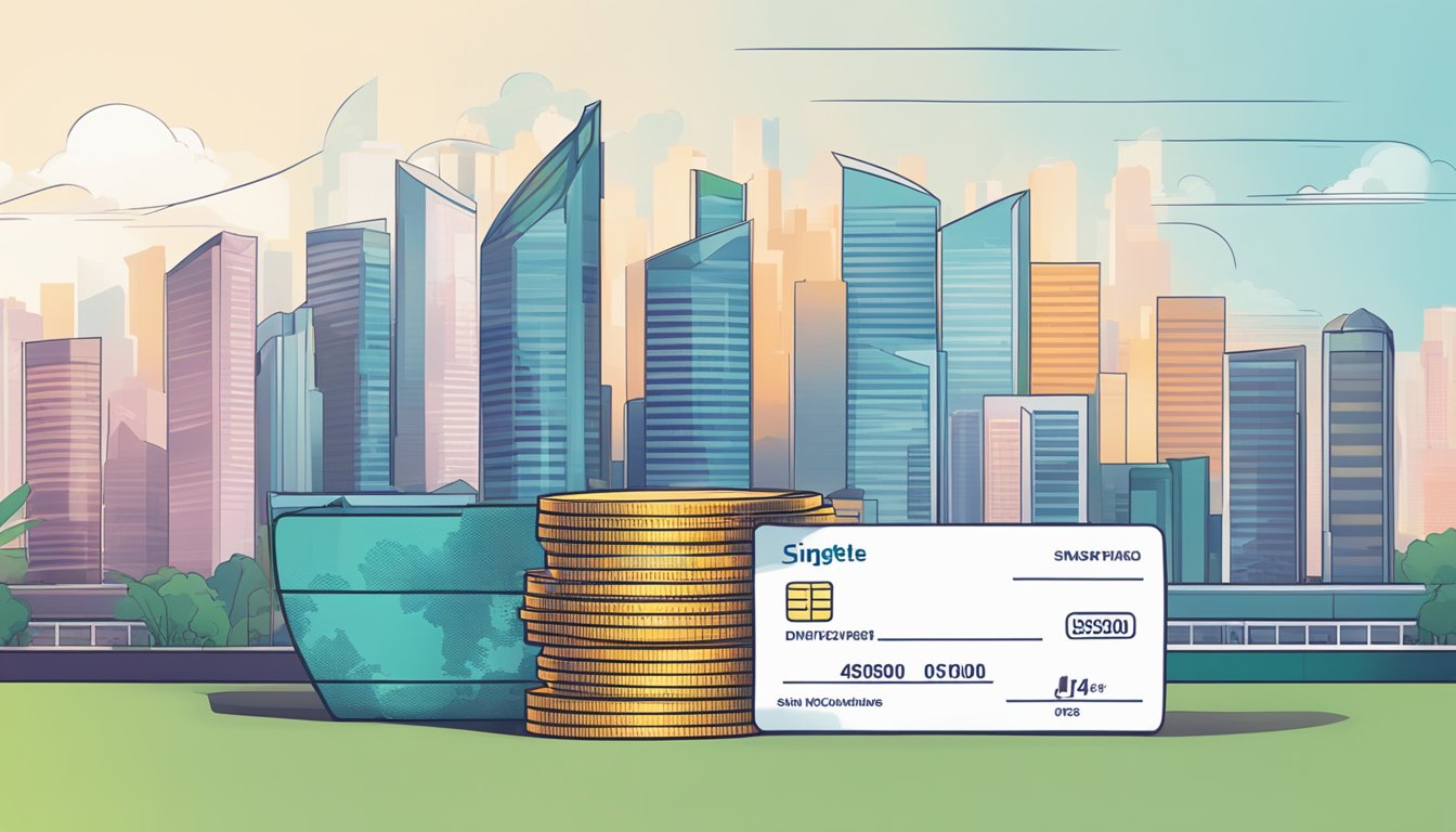 A graph showing Singtel's rising share price and a stack of dividend checks, with the Singapore skyline in the background