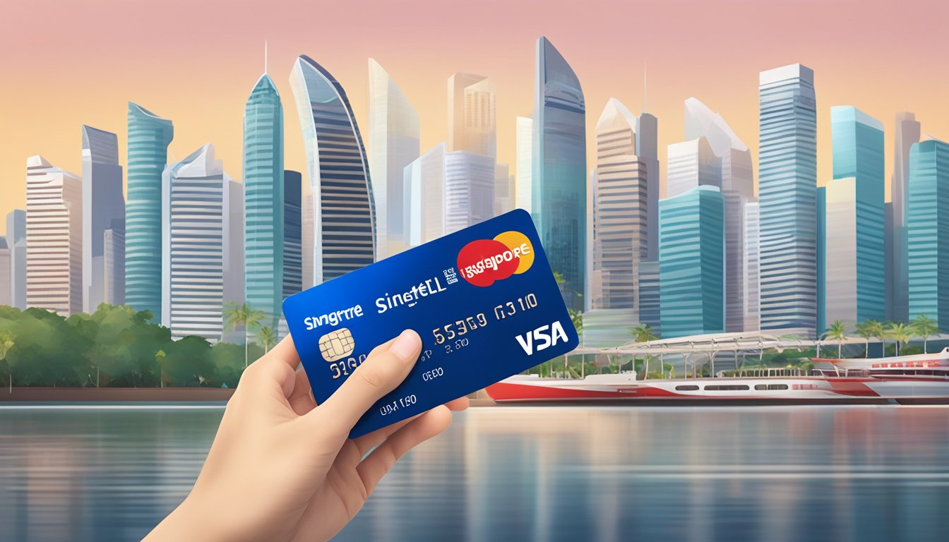 A hand holding a Singtel-UOB credit card with Singapore skyline in the background, showcasing the promotion details