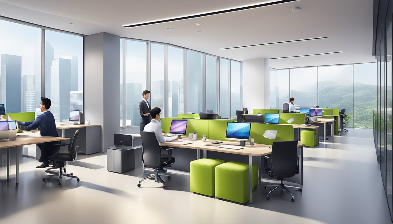 A sleek, modern office space with high-tech equipment and advanced technological edge, showcasing the competitive broadband services of Singtel and Starhub in Singapore