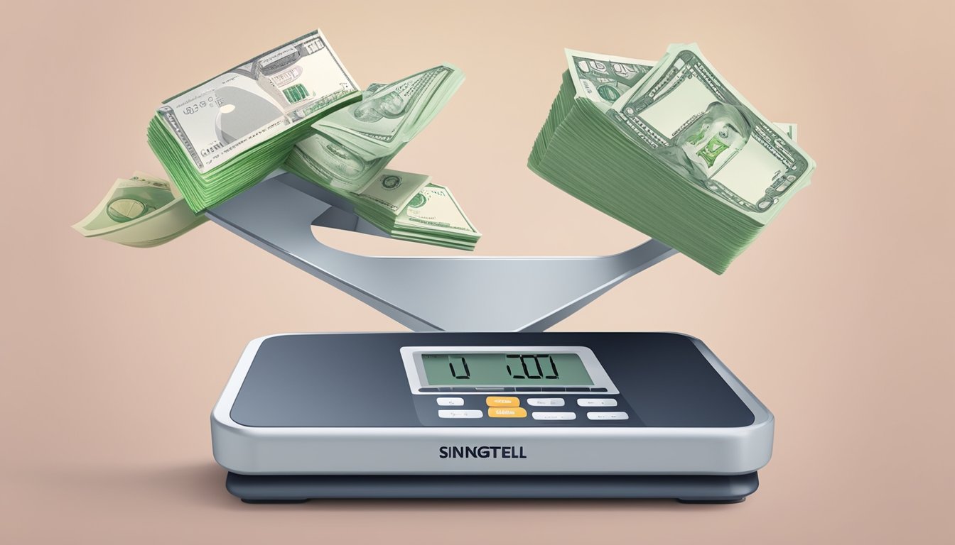 A scale with money on one side and promotional materials on the other, representing the comparison of cost-effectiveness and promotions between Singtel and StarHub broadband in Singapore
