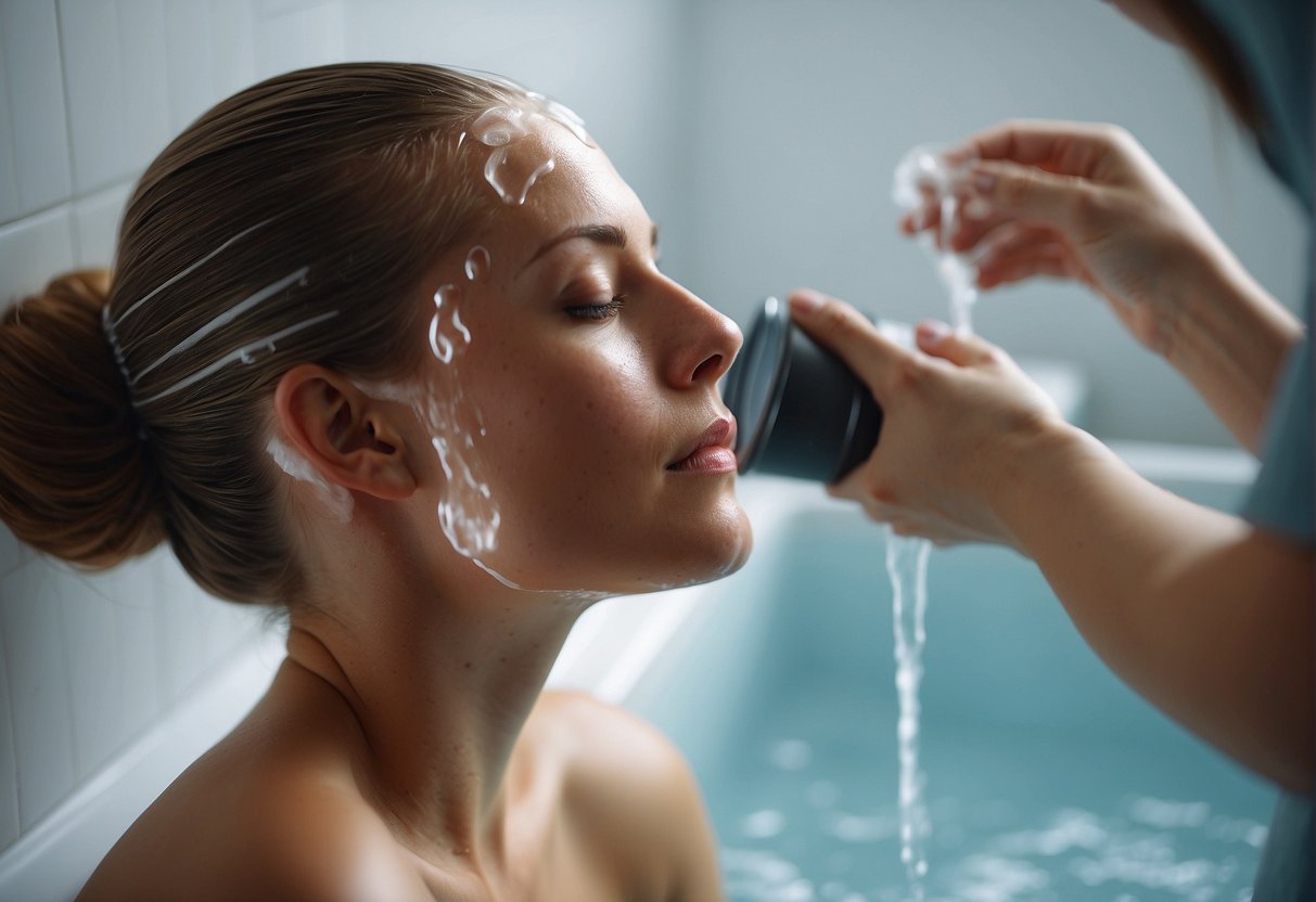 A person applying hydrating hair mask, leaving it on for 15 minutes, then rinsing with warm water