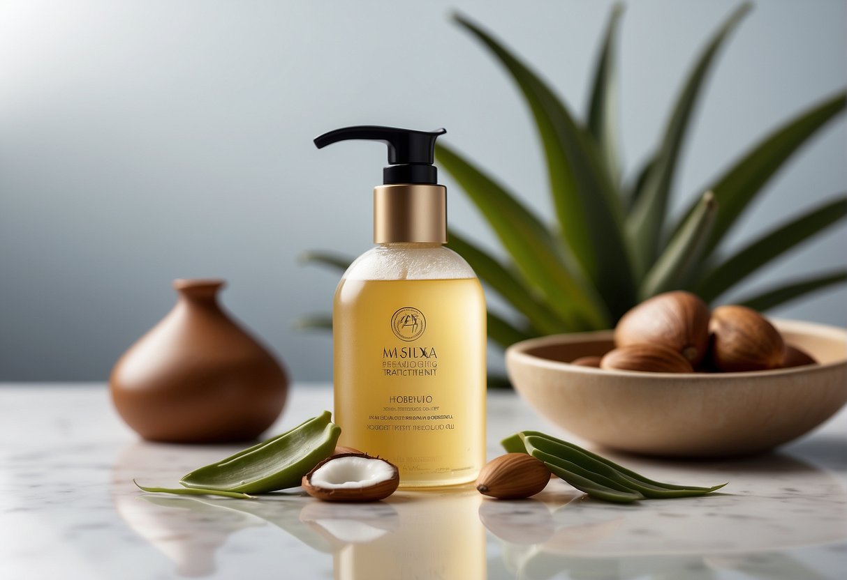 A bottle of hair moisturizing treatment surrounded by various natural ingredients like aloe vera, coconut, and argan oil on a clean, white surface