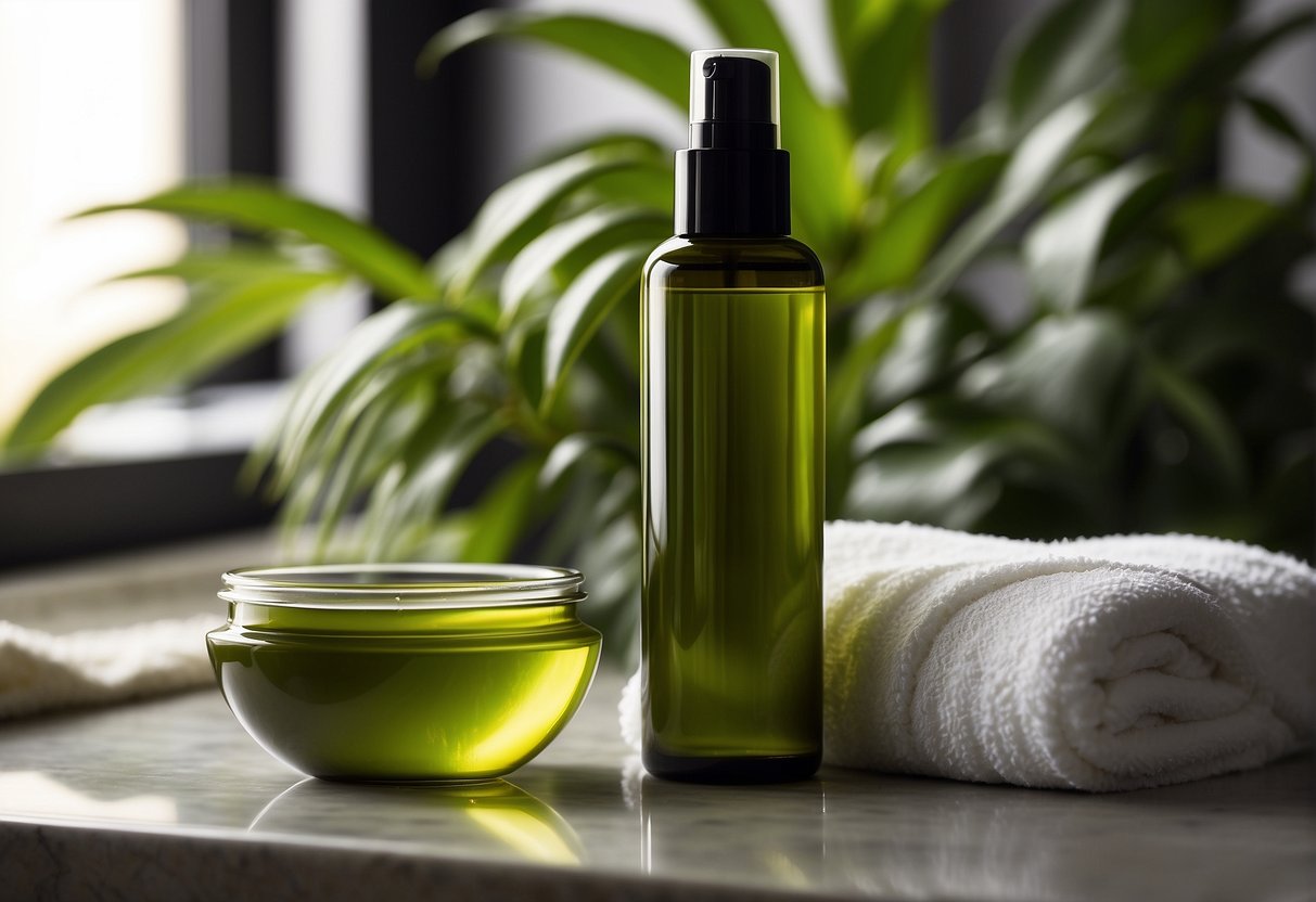 A bottle of hair oil and a deep conditioning hair mask sit on a bathroom counter, surrounded by lush green plants and a soft towel
