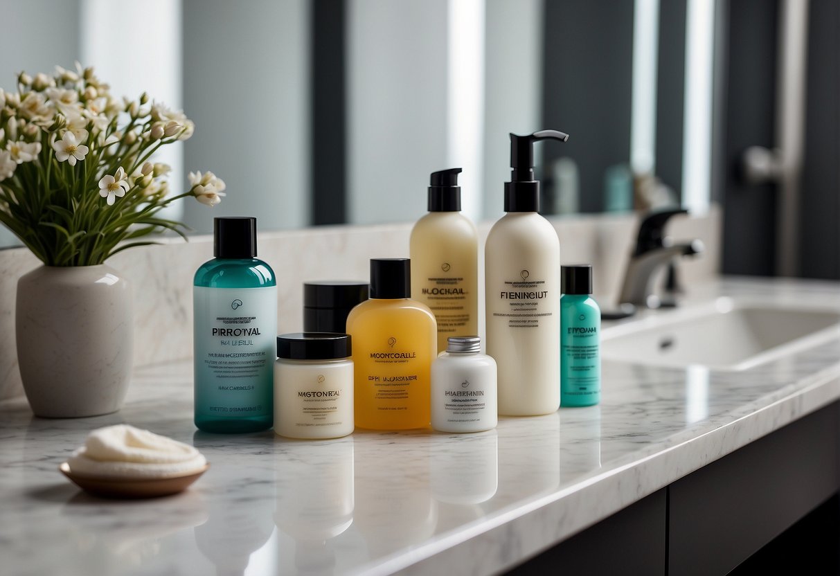A bottle of hair moisturizer surrounded by various hair care products on a bathroom counter