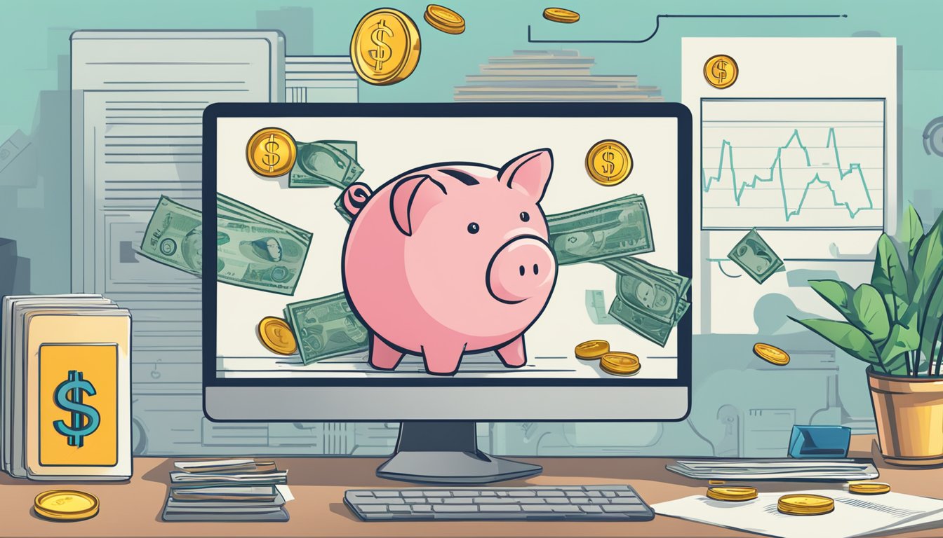 A piggy bank sits on a desk with a dollar sign on its side, surrounded by coins and bills. A graph showing increasing savings is displayed on a computer screen in the background